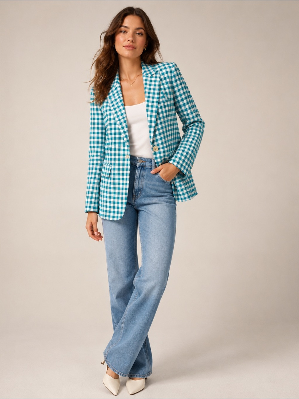 New Zara  Blue Gingham Check Blazer Jacket Tailored Spring Statement Piece